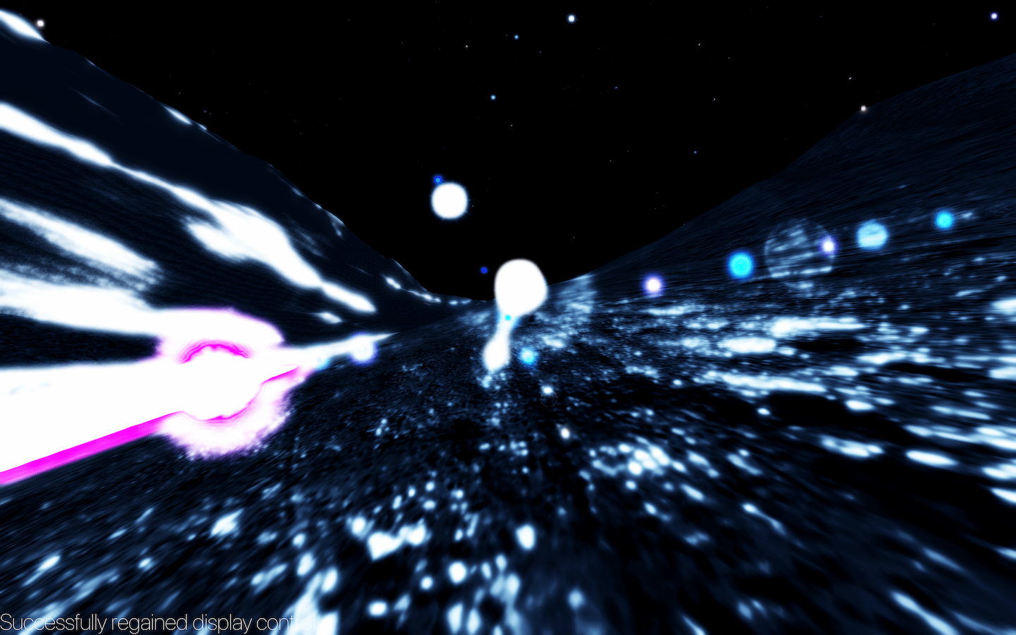 Purple orb from previous image is now closer, but is masked by a blinding light across the image