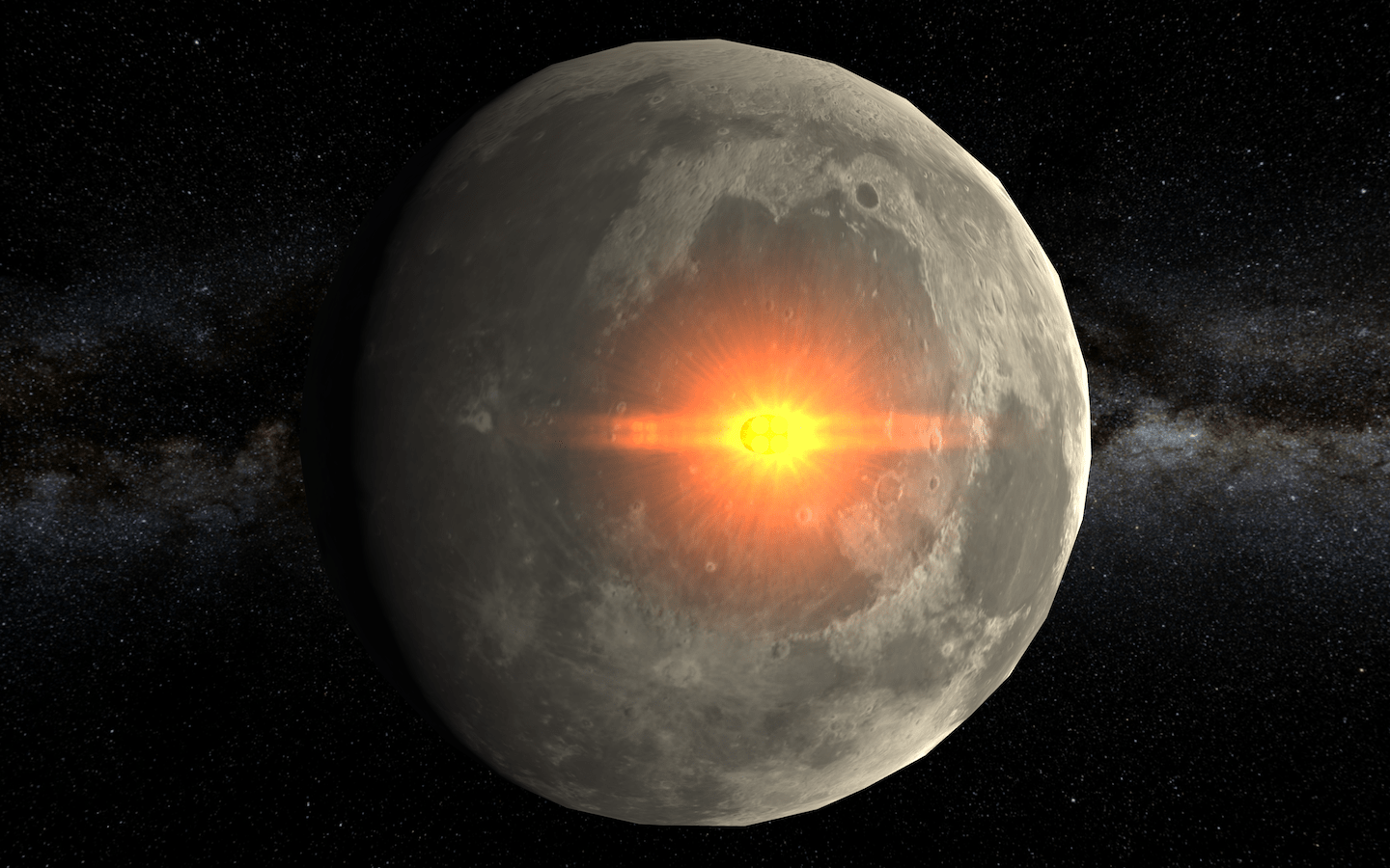 A fictional gray planet shown from space with a rocket heading inwards