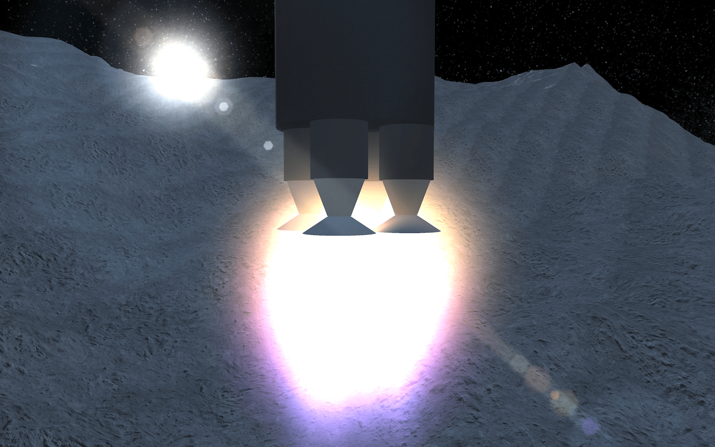 View from the surface of fictional planet shows rocket coming in to land