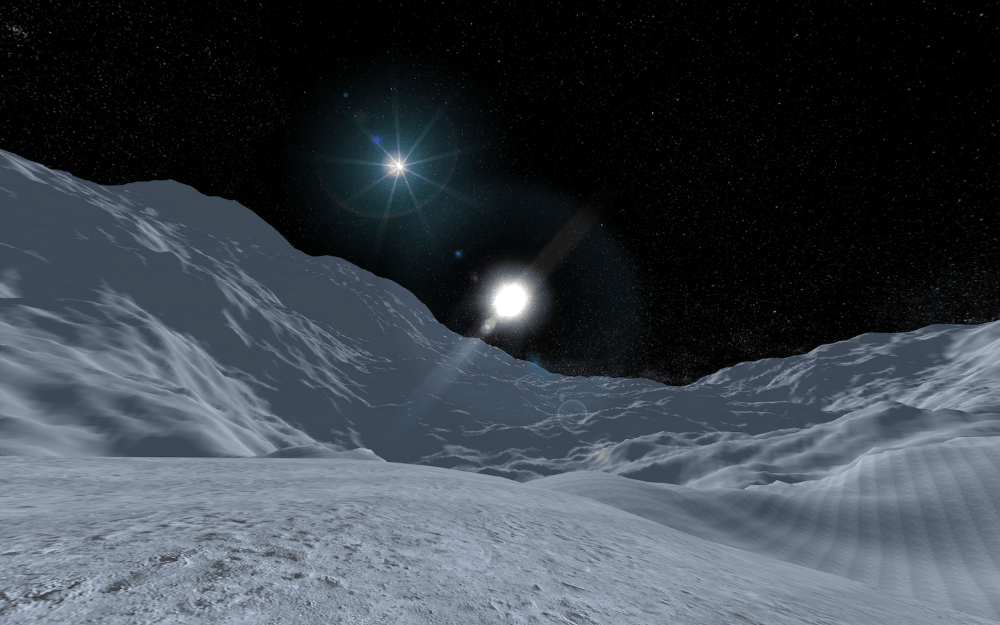 View from surface of fictional planet shows a completely gray terrain with two suns on the horizon