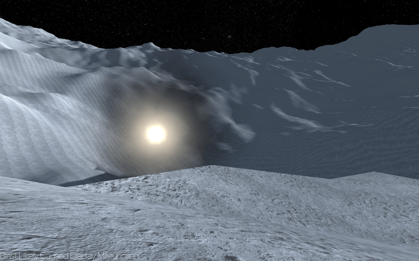 View of vast gray terrain shows mysterious orb of light hovering in the distance