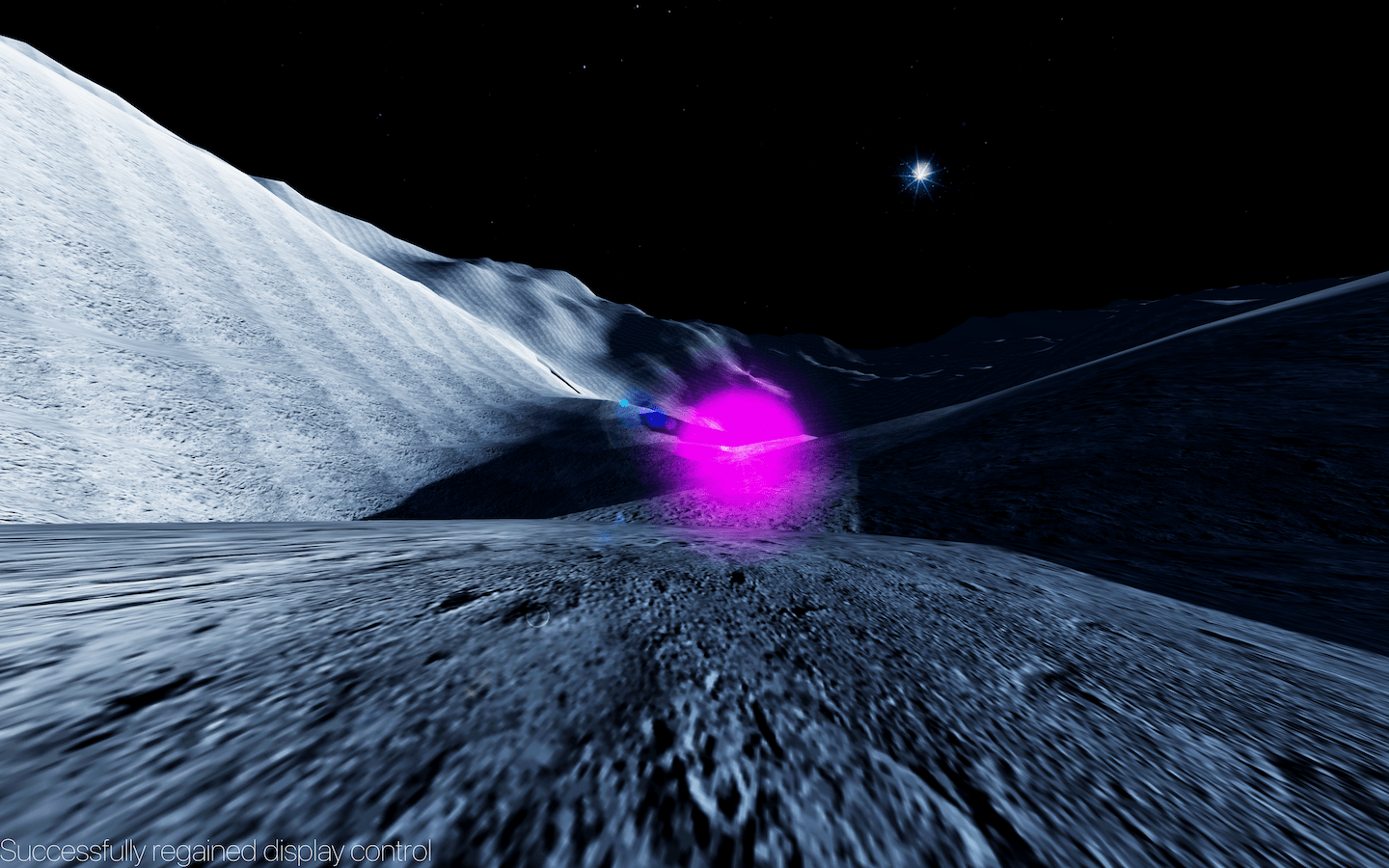 Through distorted colors a purple orb can be see across the vast gray terrain