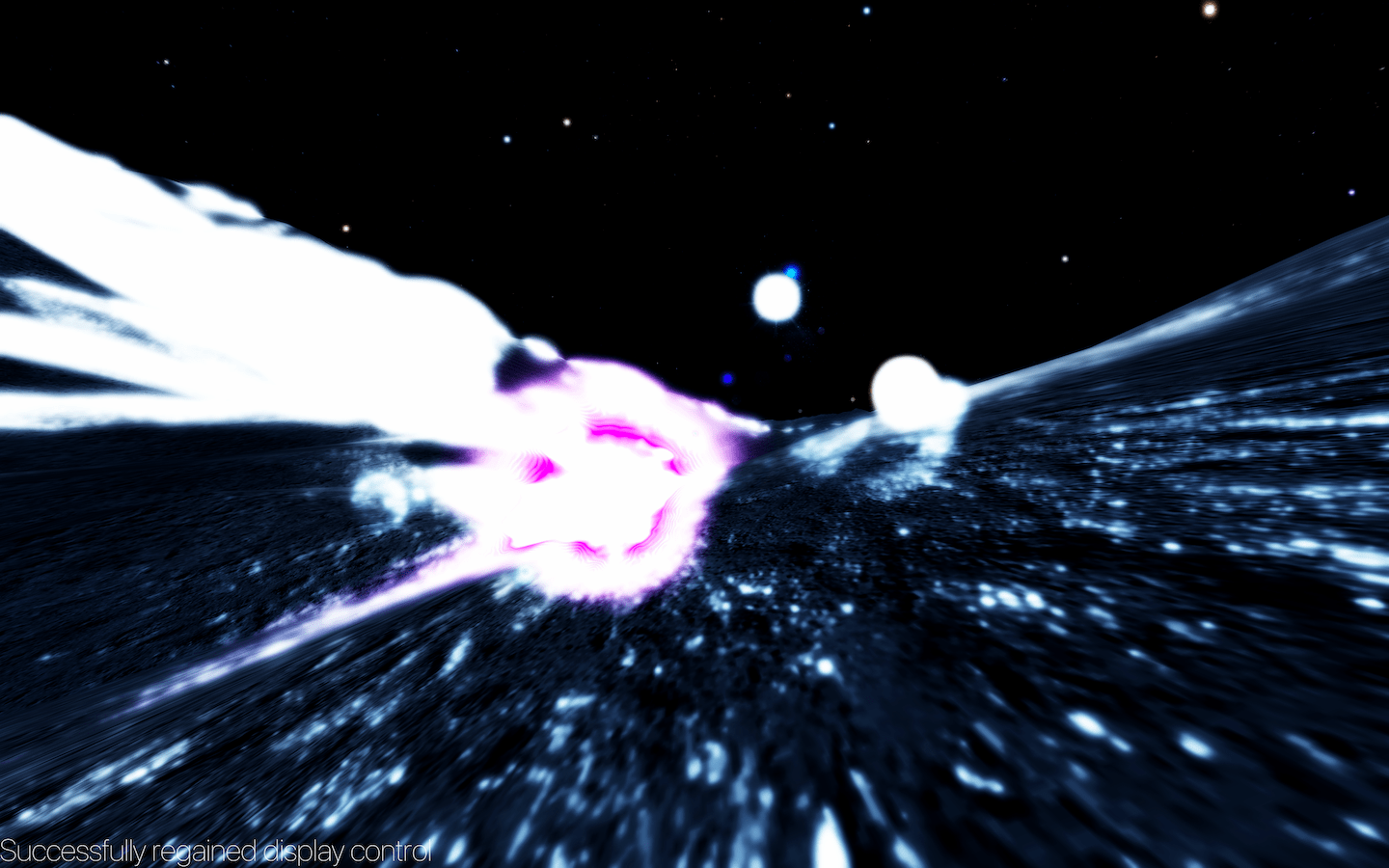 Purple orb from previous image is now closer, but is masked by a blinding light across the image