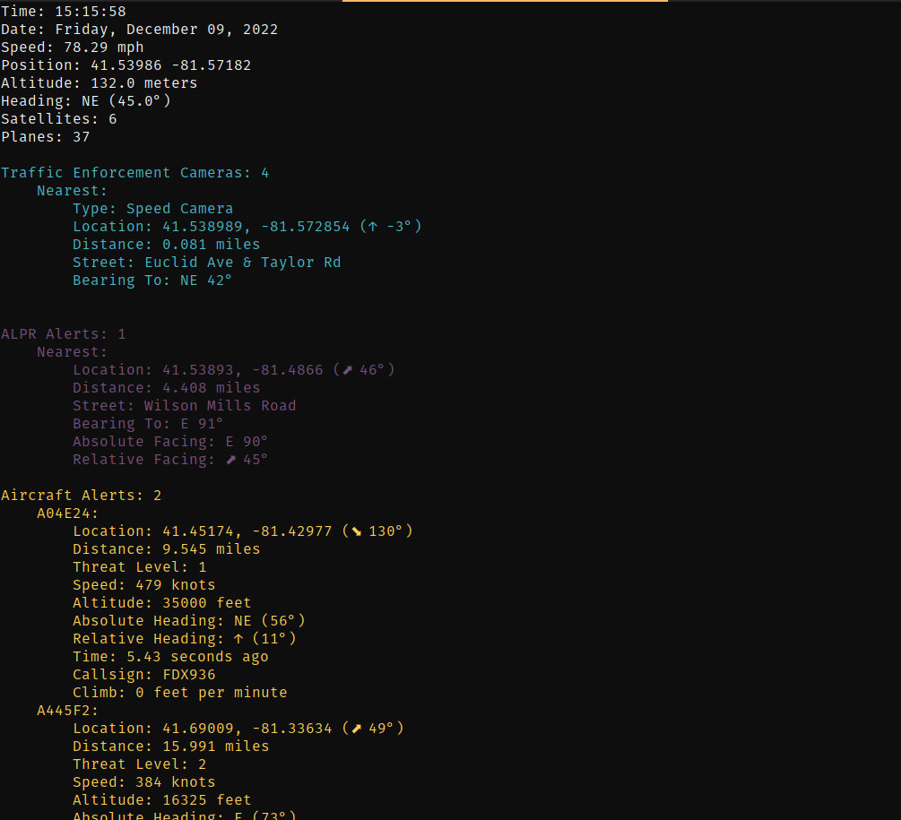 A screenshot of a text based console containing several pieces of diagnostic information including various alerts.