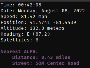 A screenshot of a text based console containing several pieces of diagnostic information including the distance to a nearby ALPR camera.