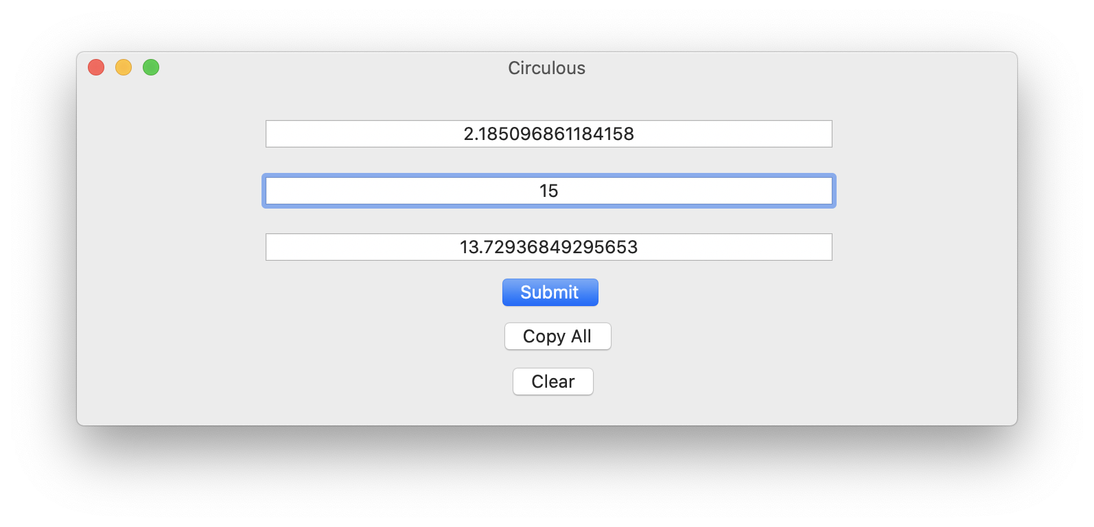 Main Circulous interface in light mode demonstrating an extremely precise calculation