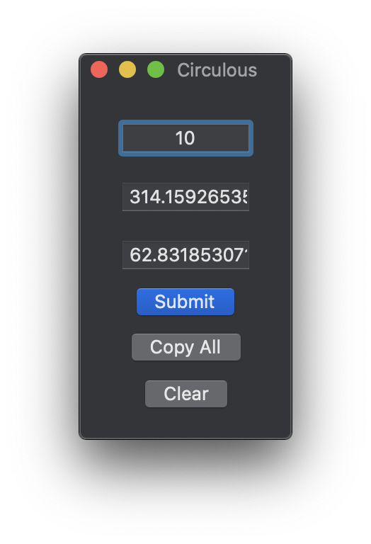 Main Circulous interface in dark mode demonstrating an extremely precise calculation