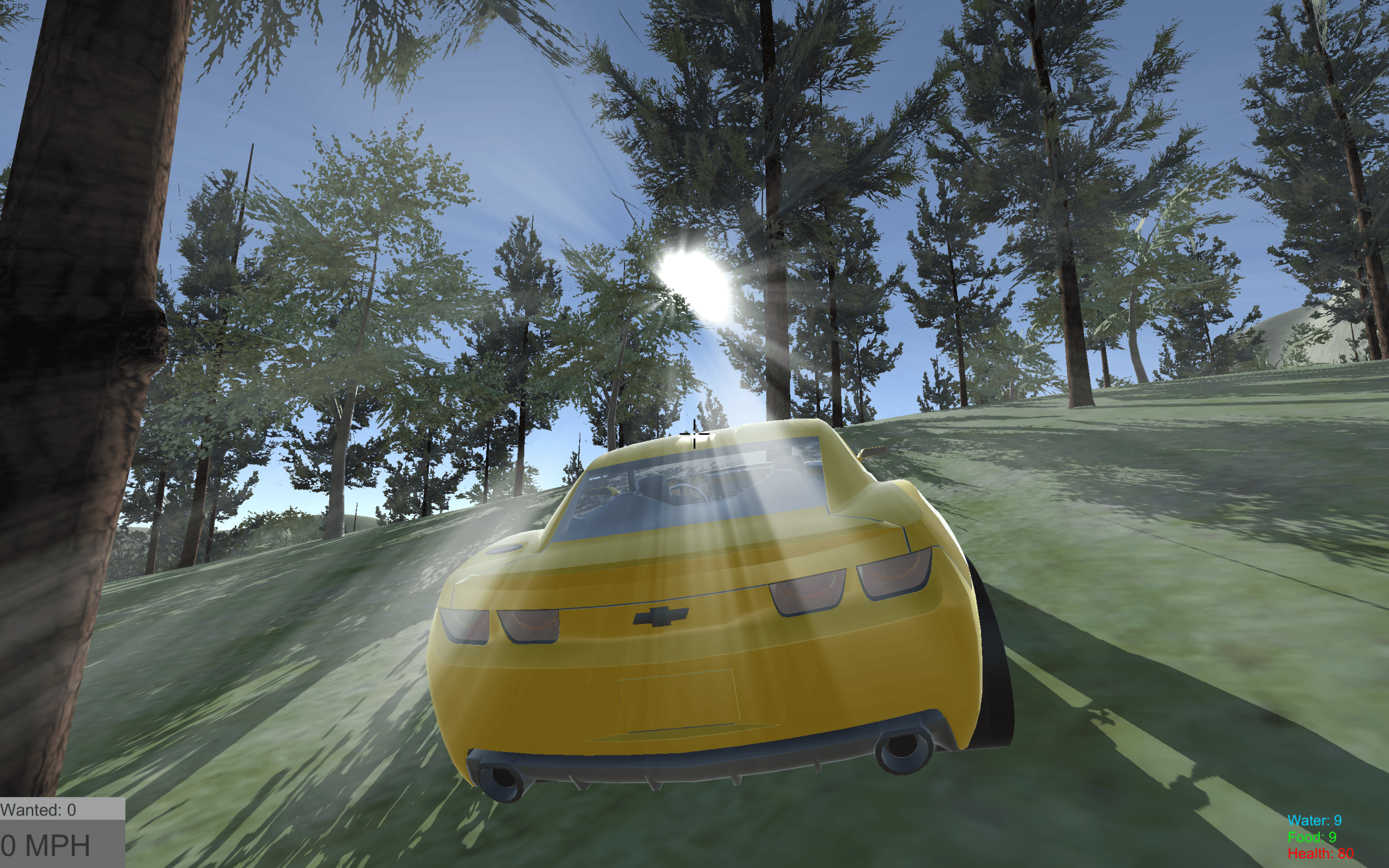Virtual yellow Chevrolet Camaro climbs grassy hill towards the sun shining through the trees