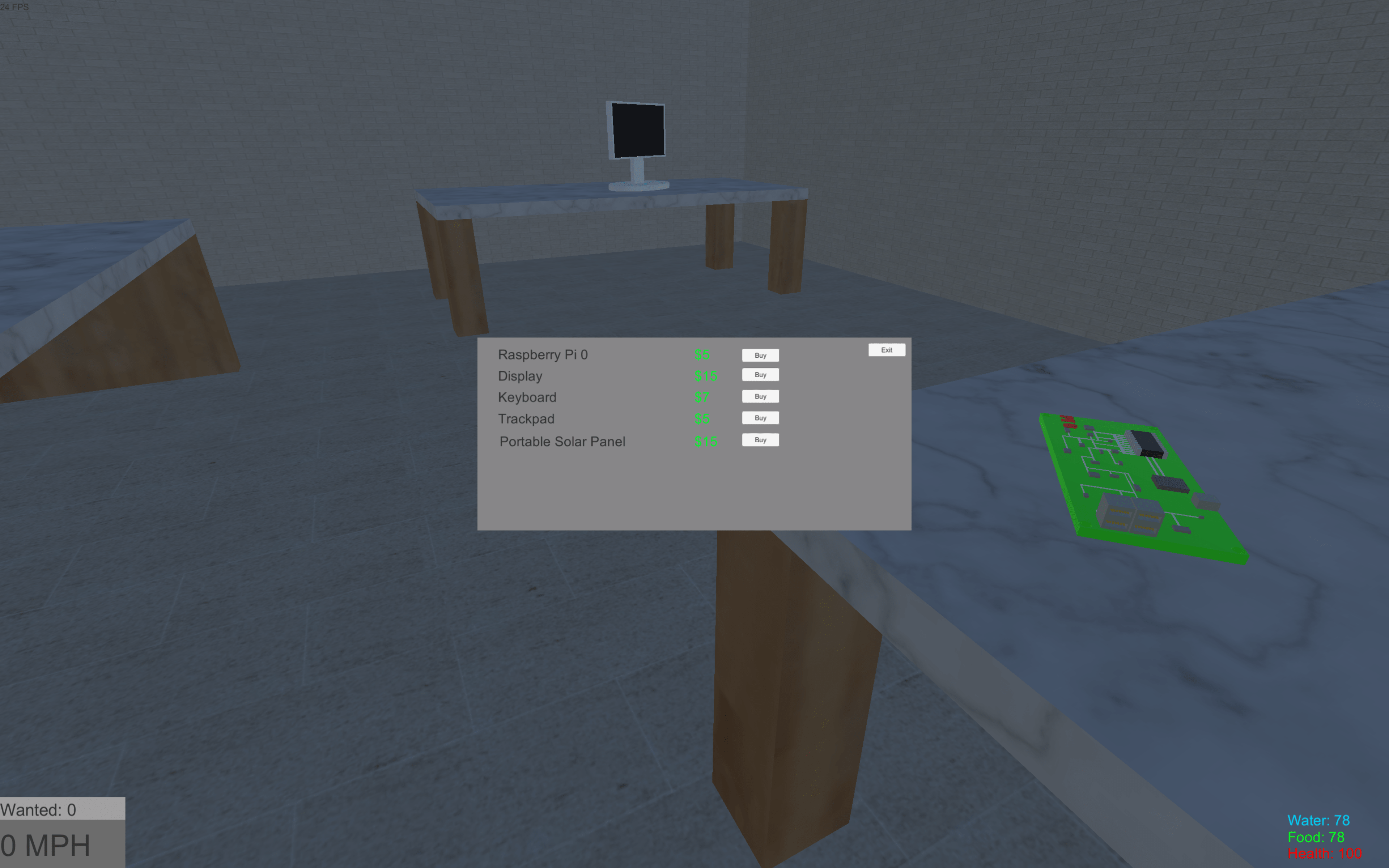 Pop up dialog prompts player to purchase parts from store, with computer parts in the background