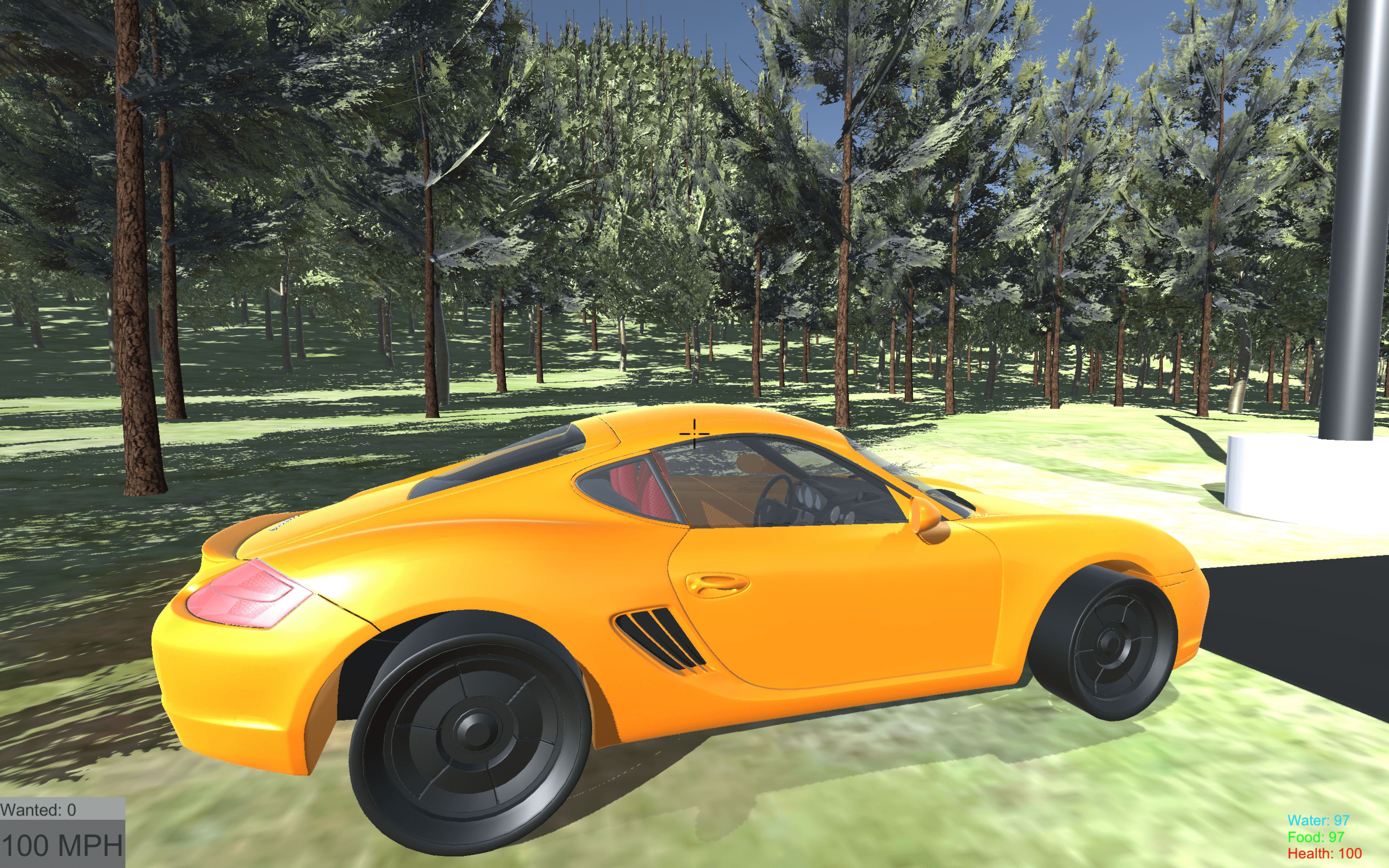 Virtual orange Porsche 718 parked beside the road show from the passenger side. Trees can be seen in the background.