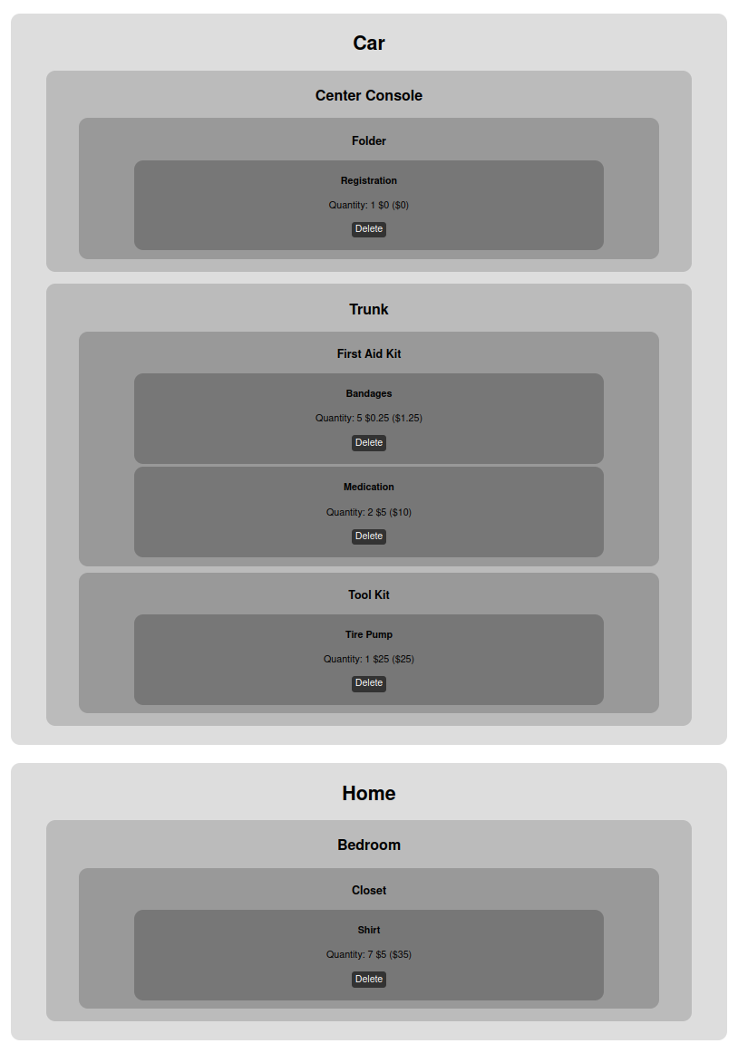A screenshot of a list of items stored in various places display in Home Index's light theme.