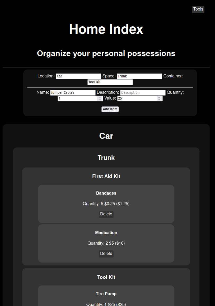 A screenshot of the main Home Index interface using the dark theme.
