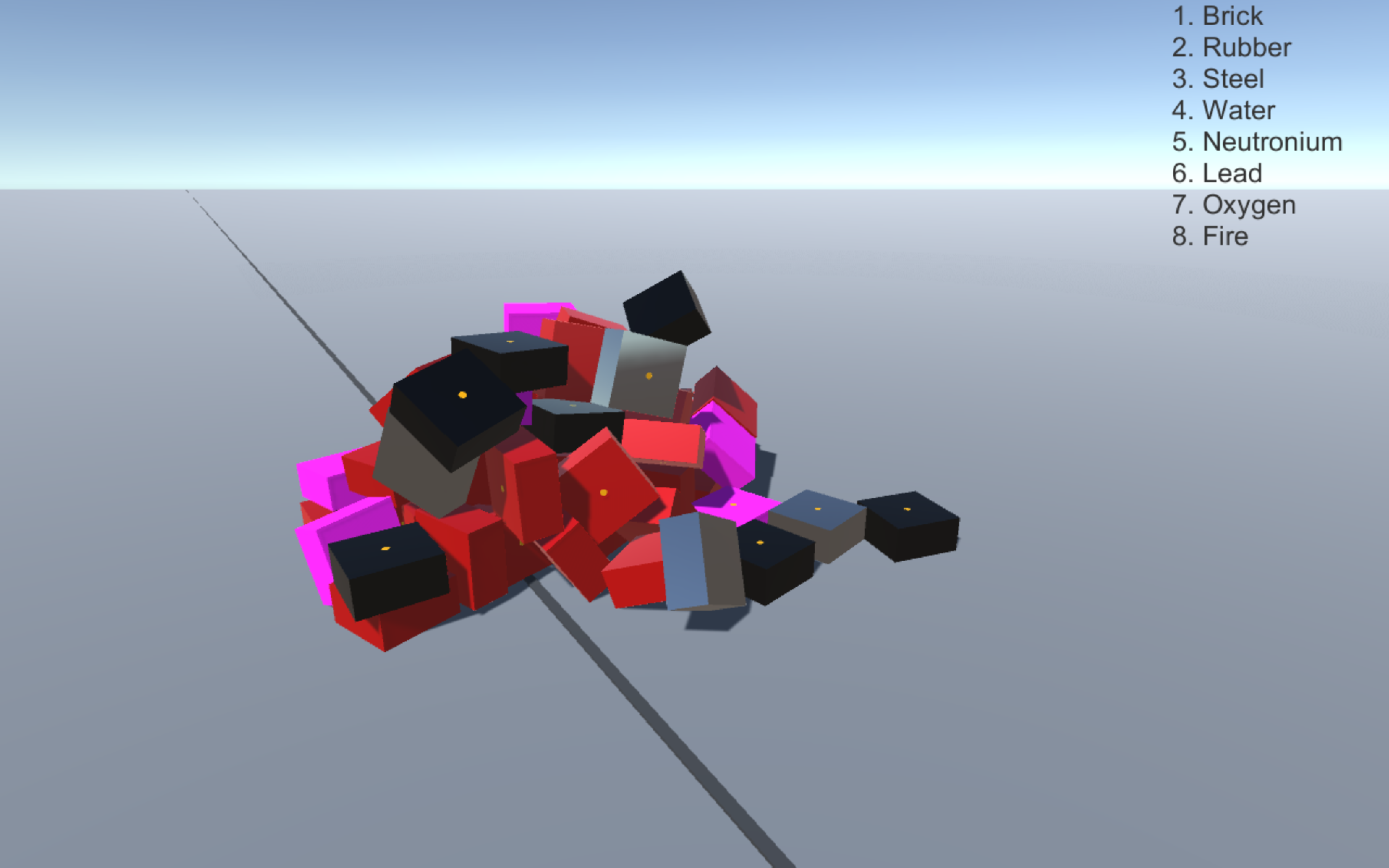 Virtual environment with endless gray floor contains large pile of black, gray, pink, and red boxes