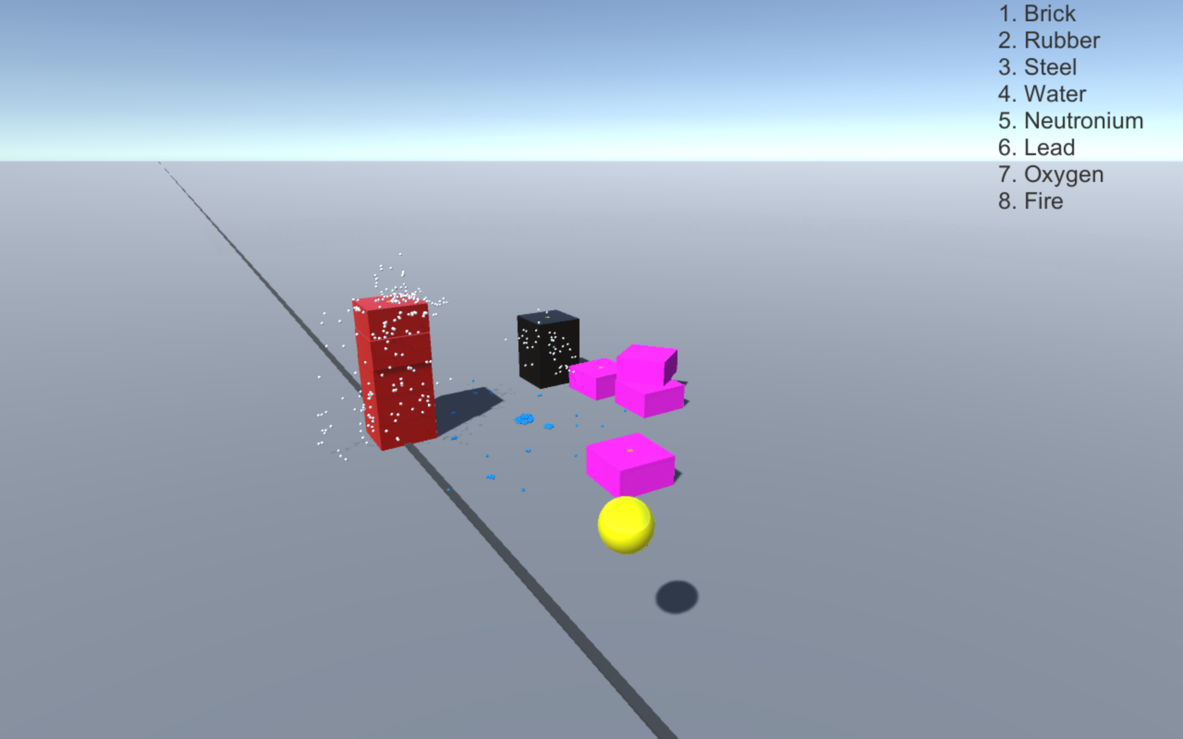 Virtual environment has scattered red, black, and pink boxes. White particles fill the air with blue particles on the ground