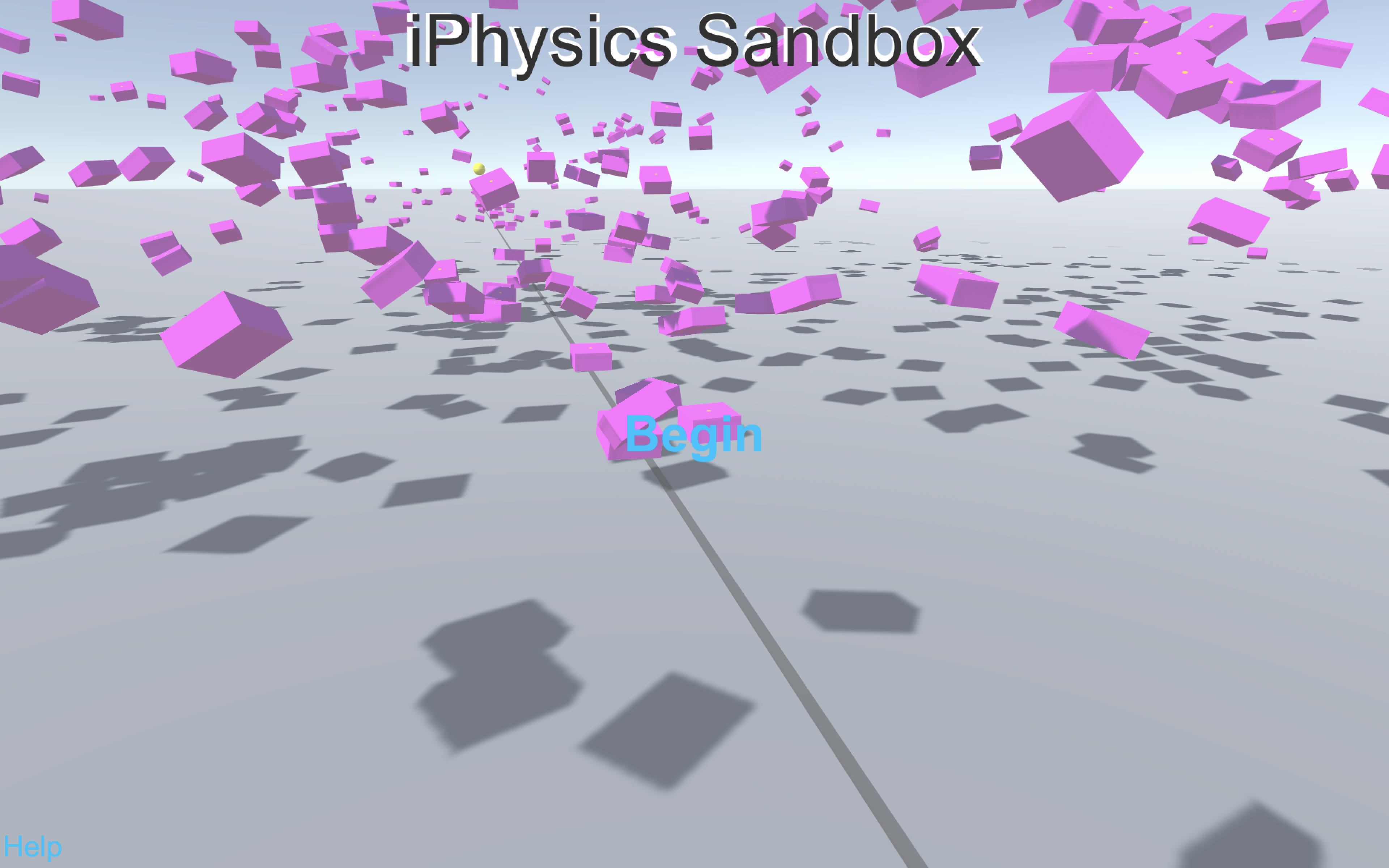 Title screen of iPhysics Sandbox has large Begin button with hundreds of pink boxes flying through the air in the background