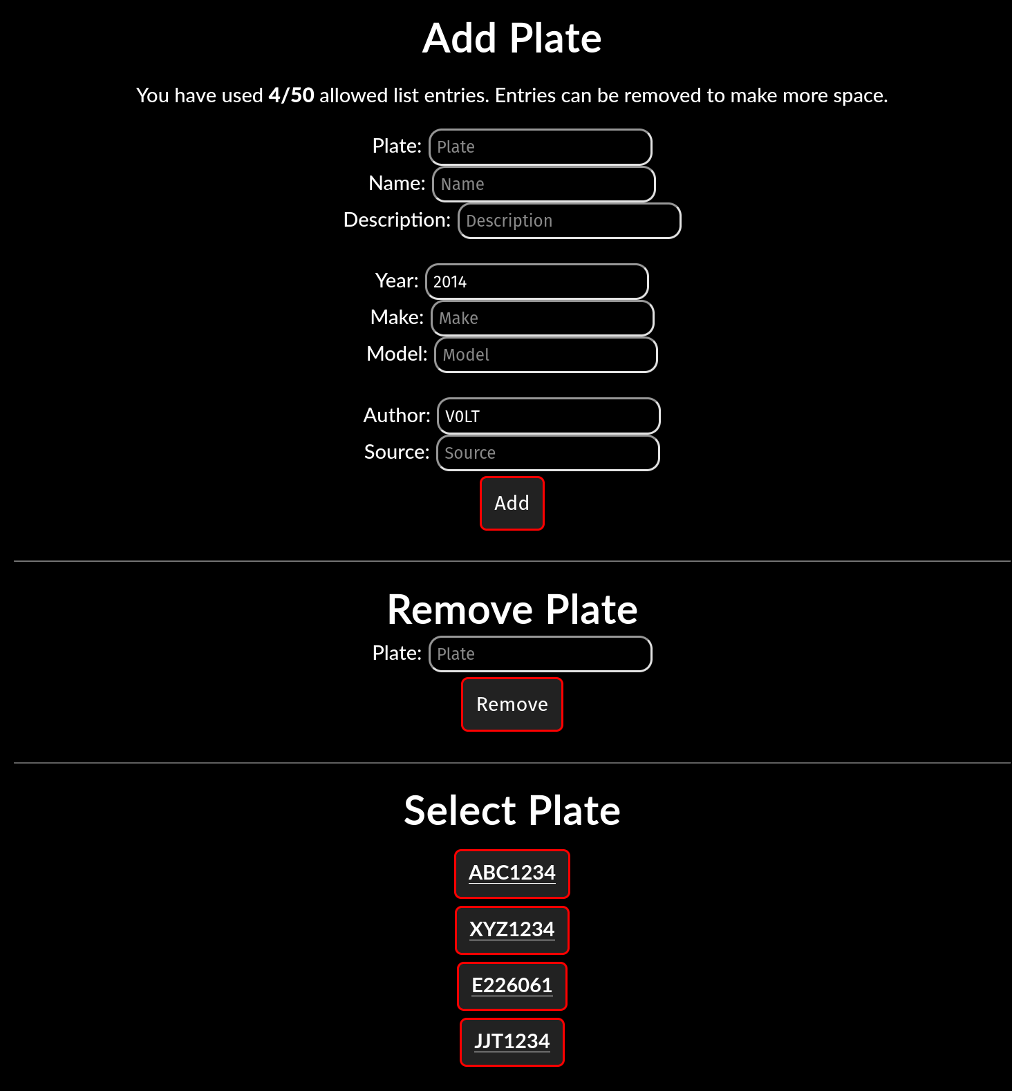 A screenshot of the Manifest interface for adding and removing plates from a list