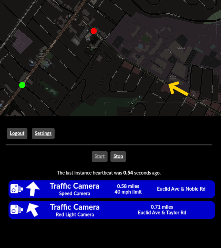 A diagram of a map, depicting a car travelling towards two traffic enforcement cameras, with a screenshot of the corresponding Assassin alert