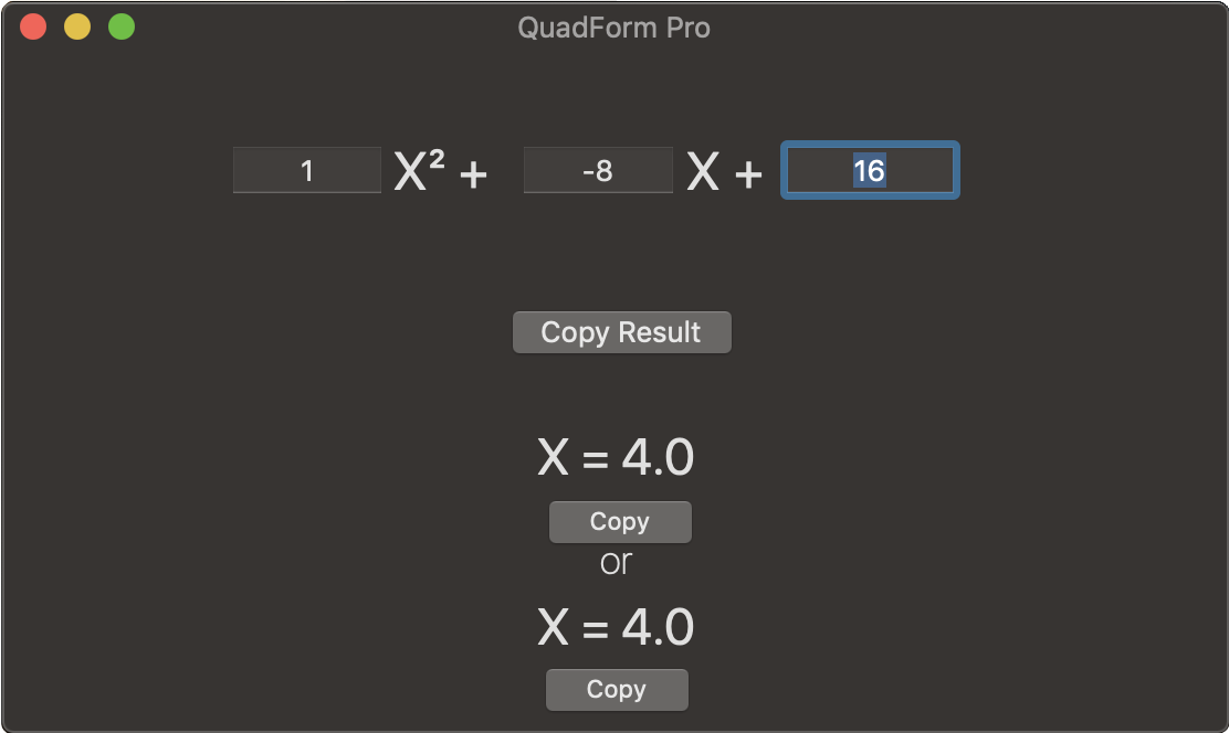 A screenshot of QuadFormPro in dark mode