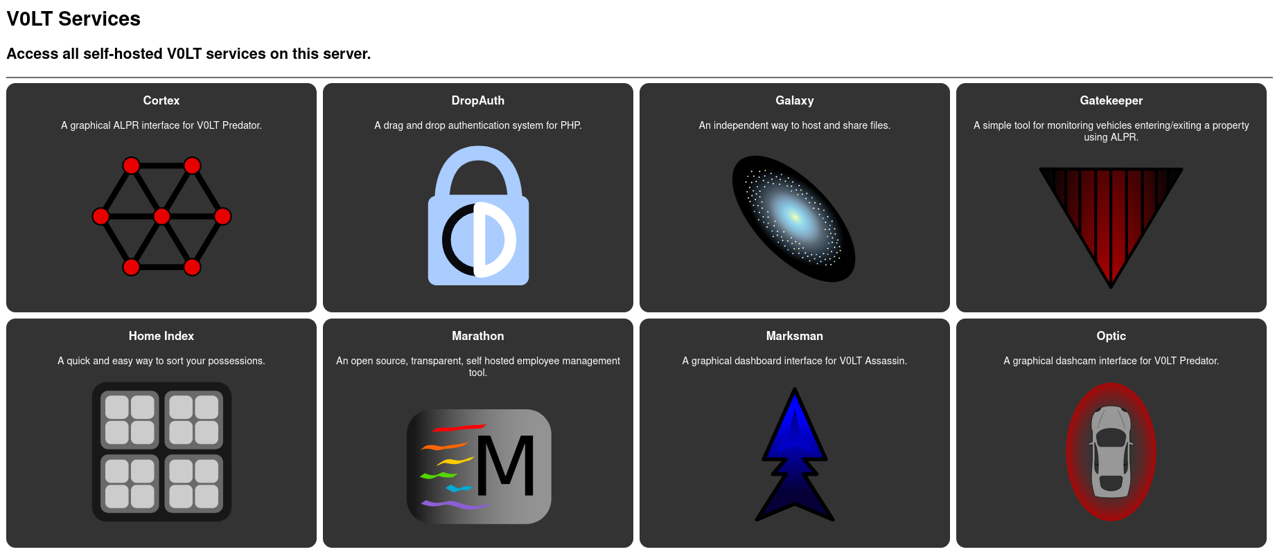 A screenshot of the main Roadmap interface with several self-hosted V0LT web-services.