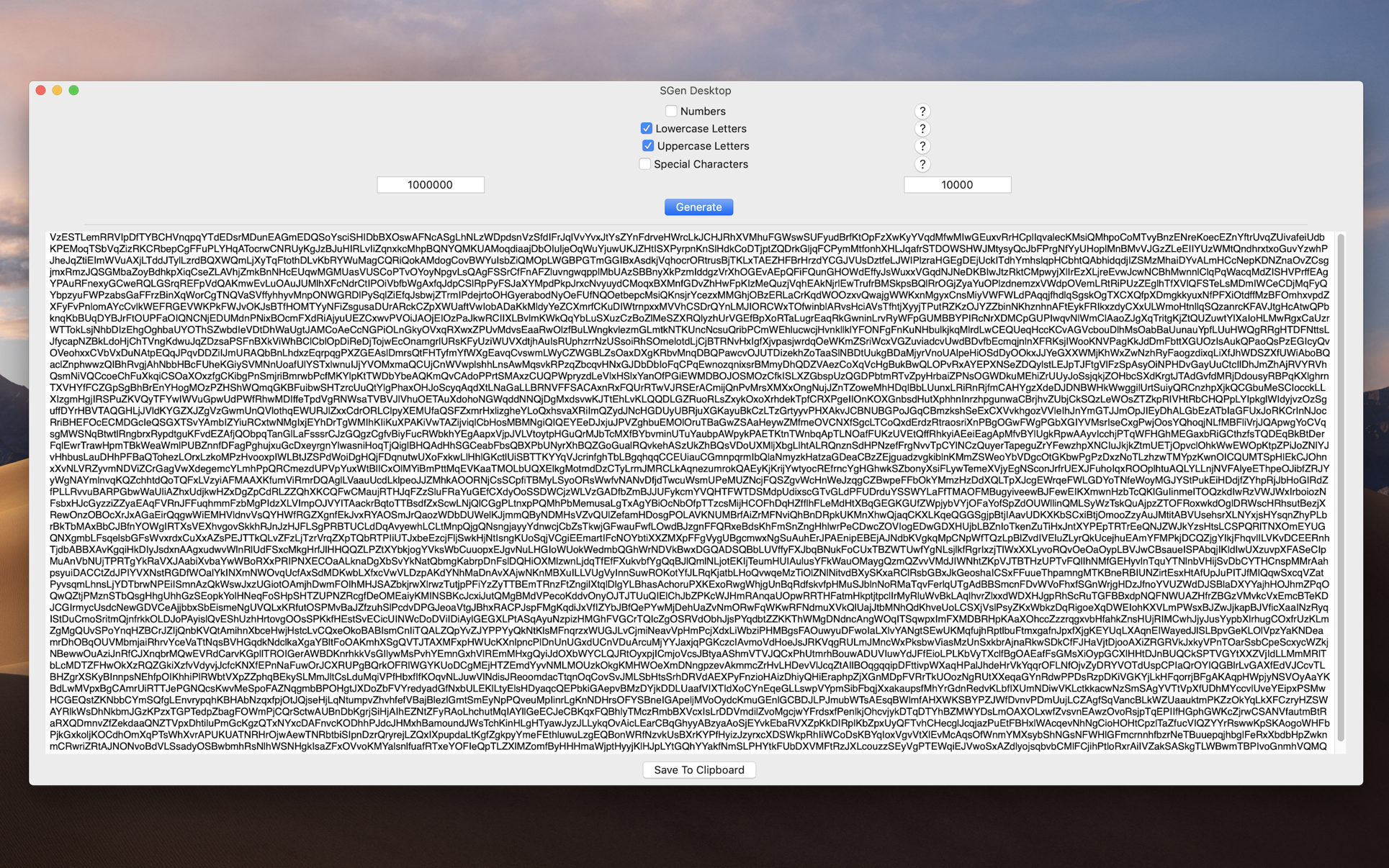 Screenshot of SGen Desktop with sample generated output